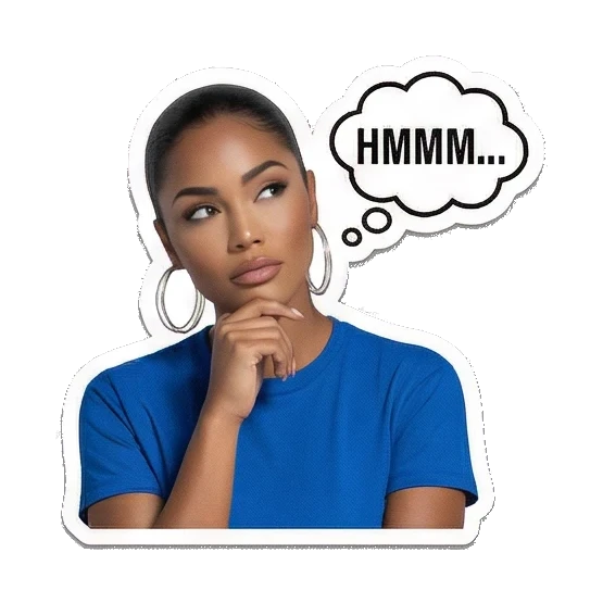 Thoughtful woman saying Hmmm Modern Latina Daily Vibes sticker for expressive chats and social replies.