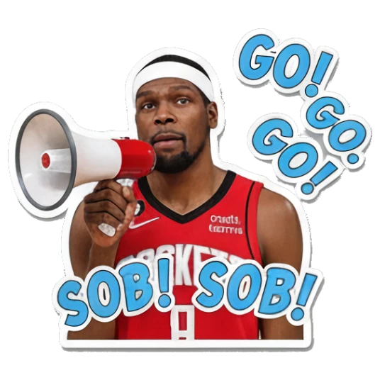 Durant holding a megaphone with 'GO! GO!' text, shouting. Kevin Durant Basketball Moods sticker for expressive chats and social replies.