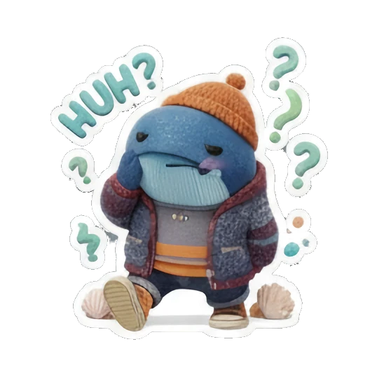 Blue whale looking puzzled, confused expression, text 'HUH?' Ocean Buddy Adventures sticker for expressive chats and social replies.