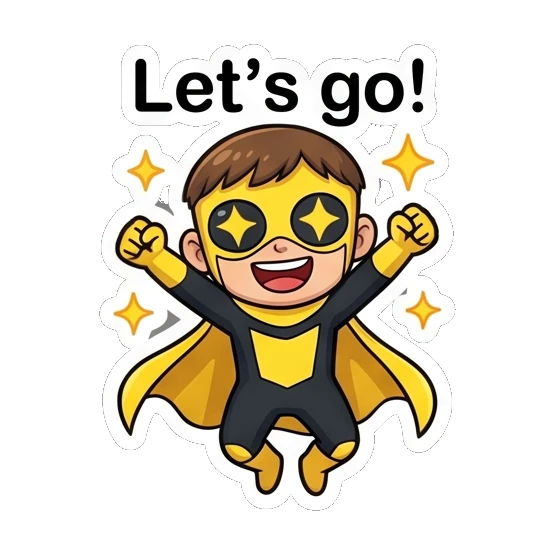Superhero boy jumping with excitement and star-shaped eyes. Yellow Hero Adventures sticker for expressive chats and social replies.