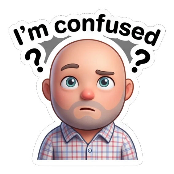 Bald man looking confused with question marks around his head. Bald Guy Daily Vibes sticker for expressive chats and social replies.