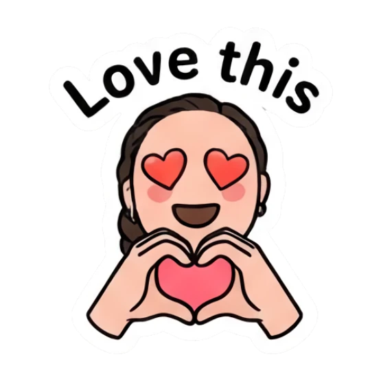 Girl making a heart shape with hands, heart eyes, text Love this. Daily Vibe Girl sticker for expressive chats and social replies.