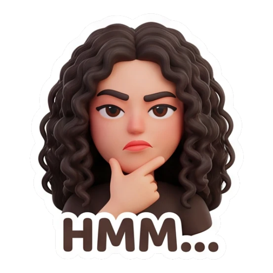Woman with curly hair thinking with hand on chin, text HMM... Modern Couple Daily Vibes sticker for expressive chats and social replies.
