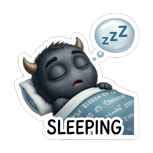 Baby monster sleeping soundly on a pillow, labeled SLEEPING Furry Monster Family Life sticker for expressive chats and social replies.