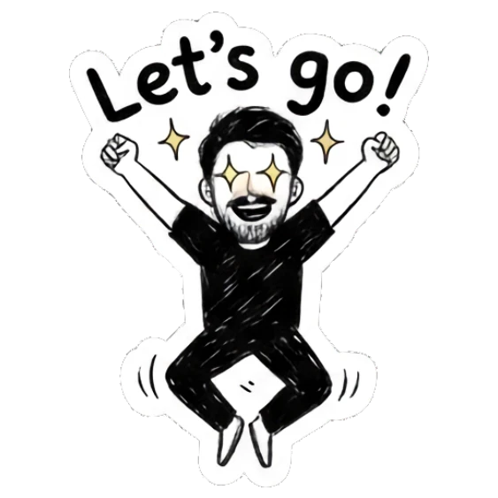 Man jumping with excitement, arms raised in a 'let's go' pose. Doodle Guy Daily Vibes sticker for expressive chats and social replies.