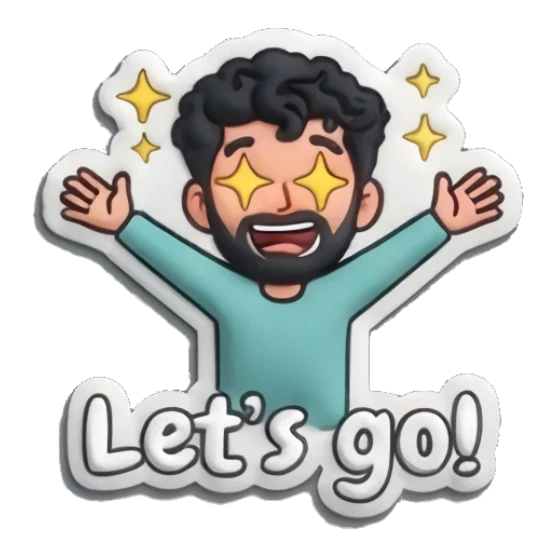 Excited man with star eyes and 'Let's go!' text. Curly Beard Guy Daily Vibes sticker for expressive chats and social replies.