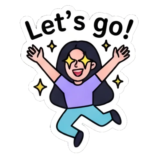 Girl jumping with excitement and star sparkles, text Let's go! Daily Life of a Trendy Girl sticker for expressive chats and social replies.