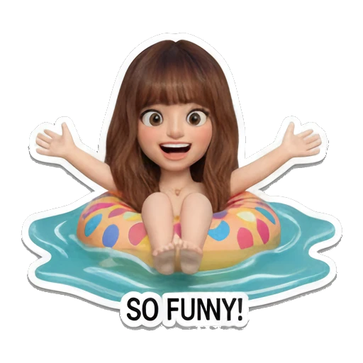 Girl floating on a colorful ring in water, excited, text SO FUNNY Summer Vacation Girl sticker for expressive chats and social replies.
