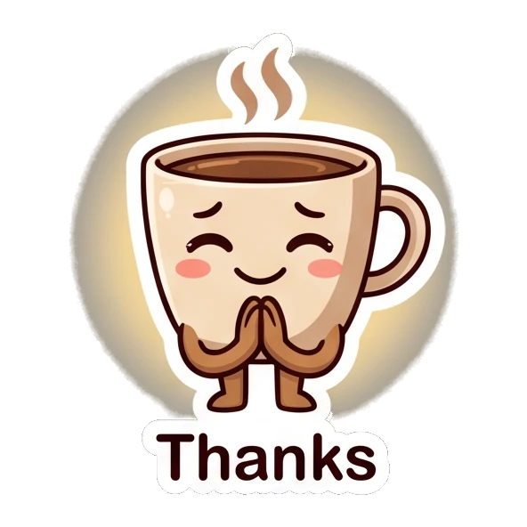 Grateful coffee cup with hands together and a glowing aura. Cheerful Coffee Cup Pals sticker for expressive chats and social replies.