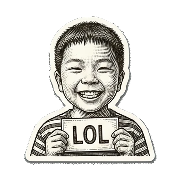 Boy laughing with LOL text. Little Boy's Engraved Emotions sticker for expressive chats and social replies.