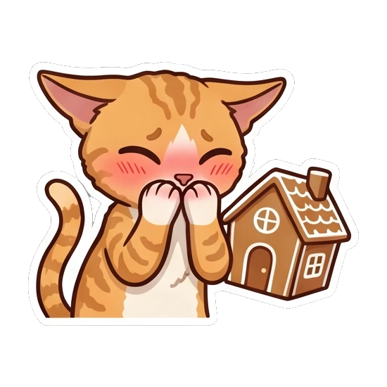 Ginger cat blushing shyly standing next to a gingerbread house Ginger Cat Holiday Joy sticker for expressive chats and social replies.