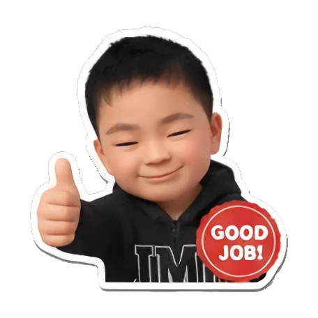 Little boy giving a thumbs up with GOOD JOB badge. Little Boy Daily Expressions sticker for expressive chats and social replies.