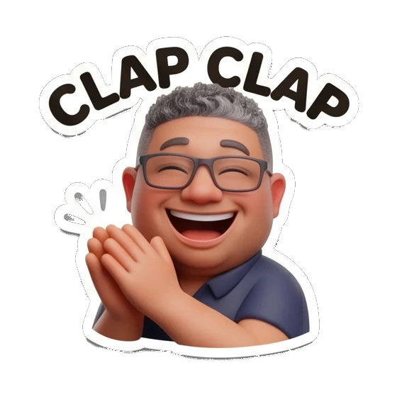 Man with glasses clapping happily with text CLAP CLAP Office Guy Expressions sticker for expressive chats and social replies.