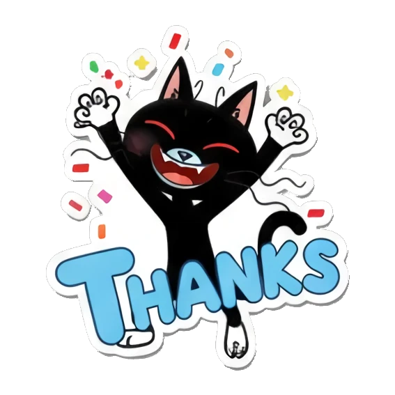 Black cat cheering with arms up and THANKS text Playful Black Cat Daily Life sticker for expressive chats and social replies.