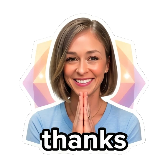 Woman with hands together in gratitude, text 'thanks' Daily Life Expressions sticker for expressive chats and social replies.