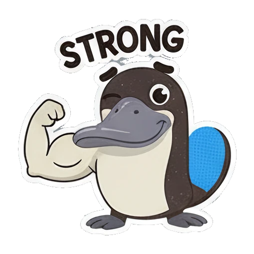 Strong platypus flexing arm with STRONG text Playful Platypus Pals sticker for expressive chats and social replies.