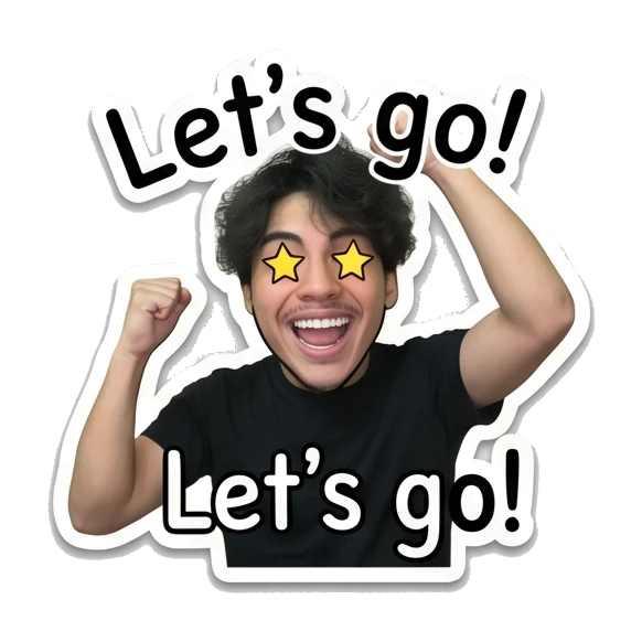 Young man cheering with star eyes and text Let's go! Daily Life of a Cool Guy sticker for expressive chats and social replies.