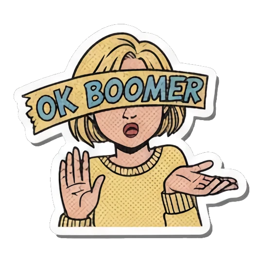 Shrugging with "OK BOOMER" Retro Slang Girl sticker for expressive chats and social replies.