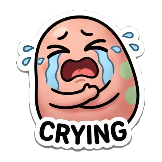 Pink egg crying loudly with tears streaming and text CRYING Pinky Egg Expressions sticker for expressive chats and social replies.