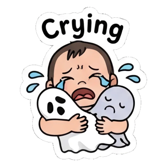 Sad baby hugging a ghost, text 'Crying' Little Spooky Moods sticker for expressive chats and social replies.
