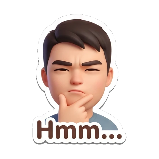 Boy looking thoughtful with a hand on his chin and text Hmm... Cheerful 3D Boy Expressions sticker for expressive chats and social replies.