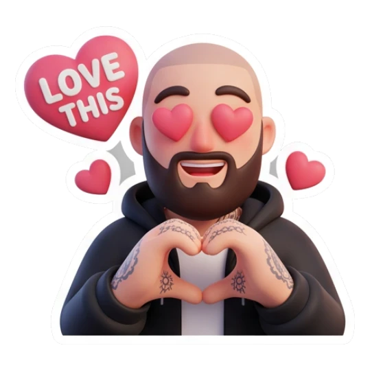 Bearded man making heart gesture with eyes as hearts, text LOVE THIS Bearded Guy Daily Vibes sticker for expressive chats and social replies.