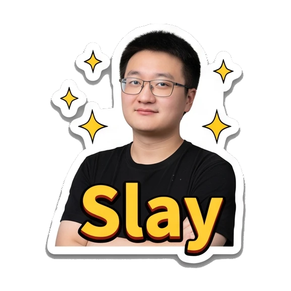 Young man with glasses looking confident with sparkles, text 'Slay' Office Guy Daily Expressions sticker for expressive chats and social replies.