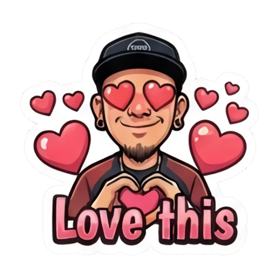 Man making a heart shape with his hands surrounded by hearts. Cool Guy Daily Vibes sticker for expressive chats and social replies.