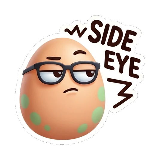 Spotted egg with glasses giving a side eye, text SIDE EYE Cool Spotted Egg Expressions sticker for expressive chats and social replies.