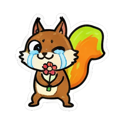 Crying squirrel holding a flower, looking sad. Cute Squirrel Daily Fun sticker for expressive chats and social replies.