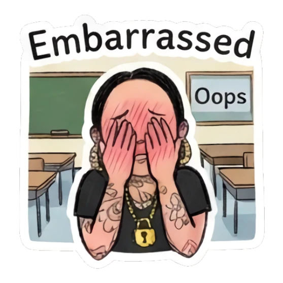Girl covering face with hands, embarrassed expression, classroom background. Doodle Girl Vibes sticker for expressive chats and social replies.