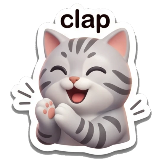 Excited gray tabby cat clapping hands with text 'clap' Cheerful Gray Tabby Cat sticker for expressive chats and social replies.
