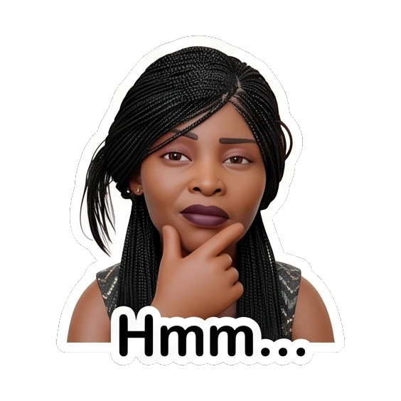 Woman touching her chin in a thoughtful pose, text Hmm... Chic Afro-Textured Daily Expressions sticker for expressive chats and social replies.