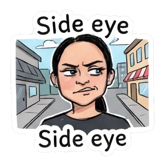 Girl giving side eye, skeptical expression, street background. Doodle Girl Vibes sticker for expressive chats and social replies.