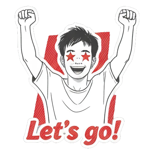 Young man cheering with arms raised and star eyes with text Let's go! Daily Moods of a Young Man sticker for expressive chats and social replies.