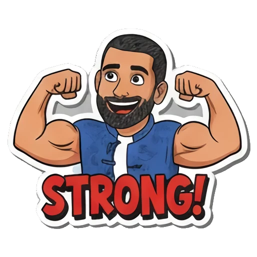 Strong! 秀肌肉，表示强壮或厉害 Bearded Guy's Cartoon Vibes sticker for expressive chats and social replies.