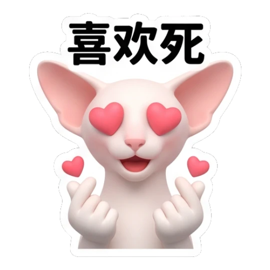 Happy Sphynx cat with heart eyes and '喜欢死' text Sphynx Cat Daily Vibes sticker for expressive chats and social replies.