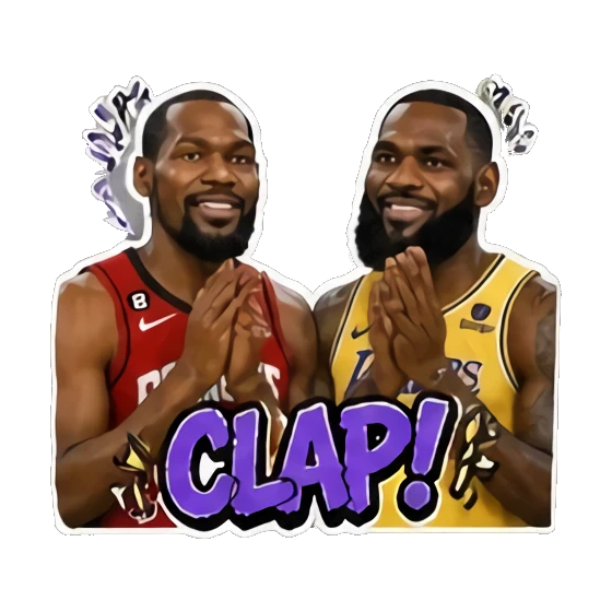 Two players clapping hands together, applauding, text CLAP. Basketball Legends Duo sticker for expressive chats and social replies.