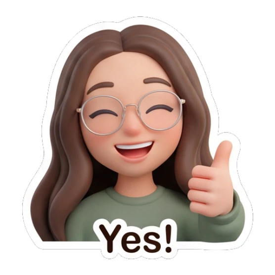 Cheerful girl with glasses giving a thumbs up. Cute Glasses Girl Daily sticker for expressive chats and social replies.