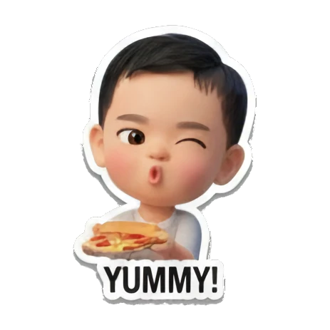 Baby eating yummy food 'YUMMY!' Baby's Daily Moods sticker for expressive chats and social replies.