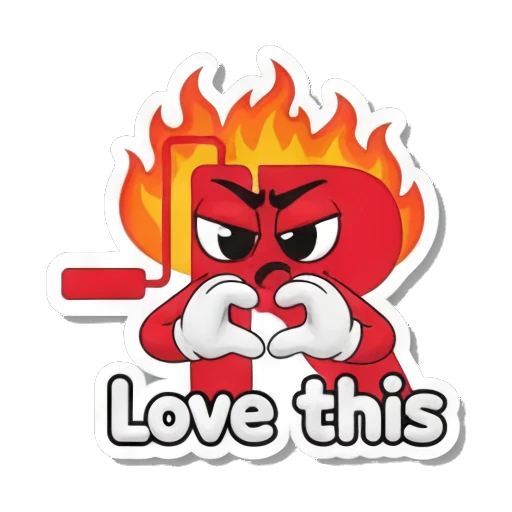 Letter R on fire with heart hands and text Love this Red Letter R Adventures sticker for expressive chats and social replies.
