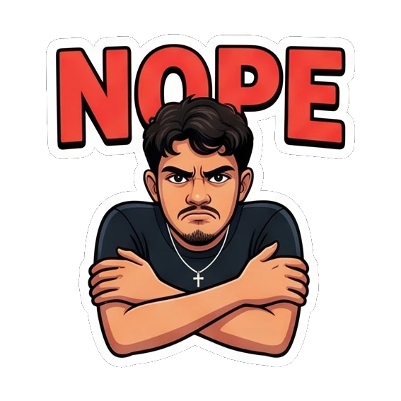 Annoyed young man with crossed arms and 'NOPE' text. Cool Guy Daily Vibes sticker for expressive chats and social replies.