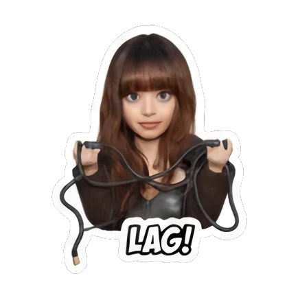 Gamer girl holding tangled cables with 'LAG!' text, frustrated. Gamer Girl Adventures sticker for expressive chats and social replies.
