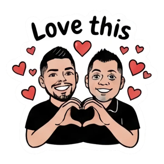 Twin brothers making a heart shape with 'Love this' text. Twin Brothers Daily Vibe sticker for expressive chats and social replies.