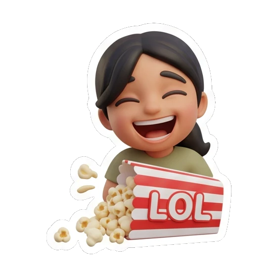 Girl laughing with popcorn bucket and LOL text, amused. Cheerful Girl Daily Life sticker for expressive chats and social replies.