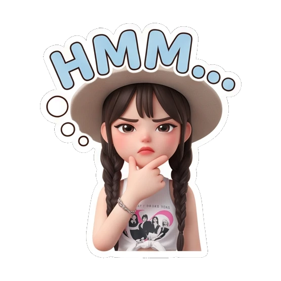 Girl in hat thinking with hand on chin and text HMM Chic Hat Girl Expressions sticker for expressive chats and social replies.