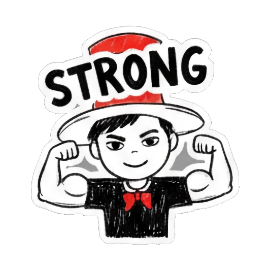 男孩展示肌肉表情STRONG Doodle Hat Boy sticker for expressive chats and social replies.