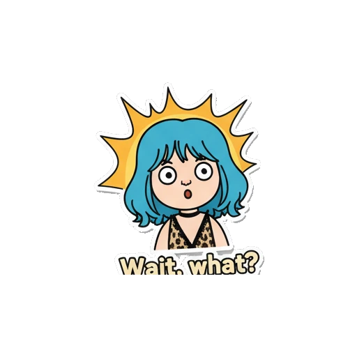 Blue-haired girl with wide eyes and a burst background with text Wait, what? Blue-Haired Fashionista sticker for expressive chats and social replies.