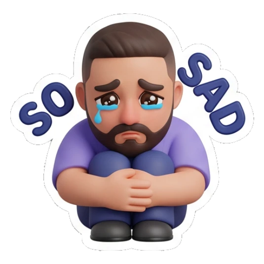 Sad bearded man crying while sitting on the floor, SO SAD Bearded Buddy Daily Vibes sticker for expressive chats and social replies.