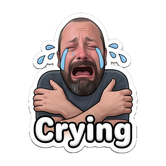 Bearded man crying loudly with arms crossed. Bearded Guy Daily Vibes sticker for expressive chats and social replies.